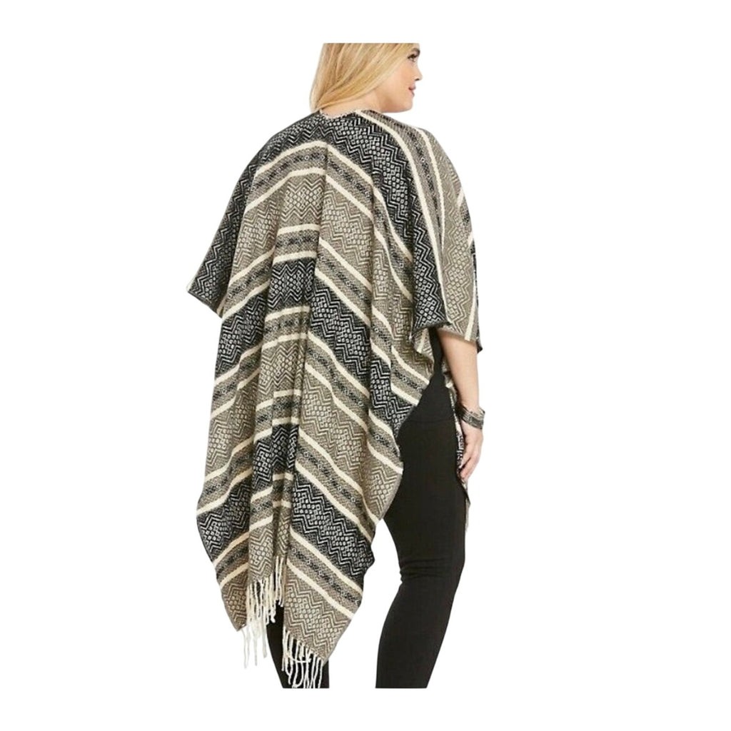 Torrid Mixed Geo Print Pattern Ruana Poncho Wrap Fringe Hem SZ O/S Boho Western