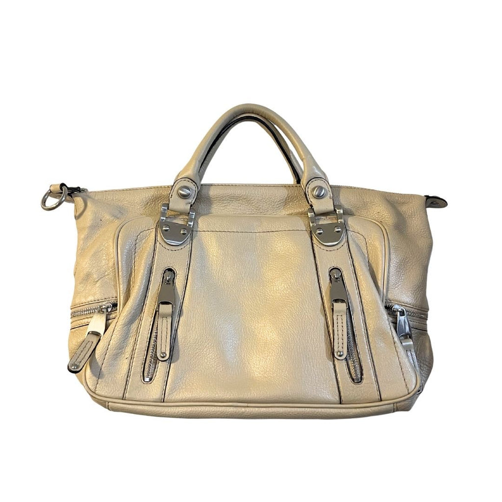 B. Makowsky Chelsea Gunmetal Pebbled Leather Satchel Bag Top Handle Boho Chic