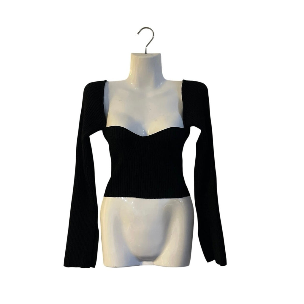 Urban Outfitters Black Sweetheart Neckline Long Sleeve Knit Bustier Top SZ S Y2K