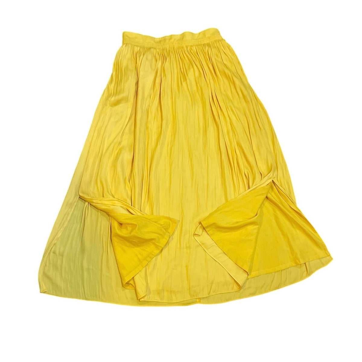 Ann Taylor Bright Yellow Daffodil Pleated Maxi Skirt Side Slits SZ 6 Flowy Drape