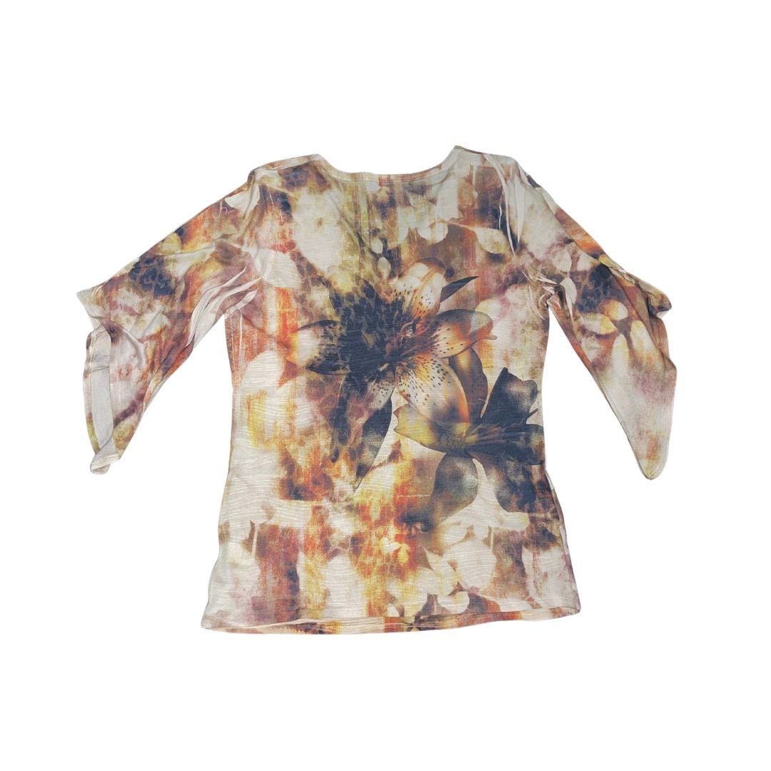 Roz & Ali Multicolor Floral Blouse Mesh Top V-neck Bell Sleeves Size Medium Boho