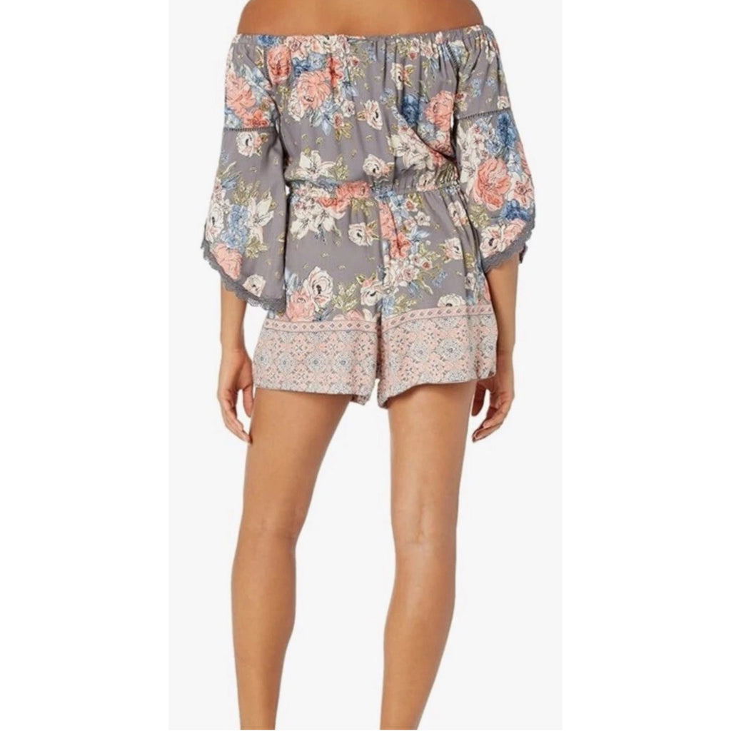 Angie Off Shoulder Romper Floral Paisley Print Lace Trim Large Boho Festival
