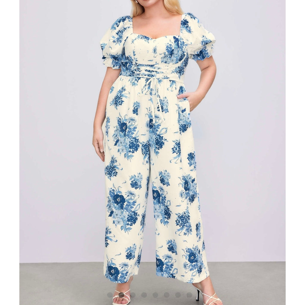CIDER SQUARE NECK PUFF SLEEVE FLORAL JUMPSUIT CURVE & PLUS SIZE NWT