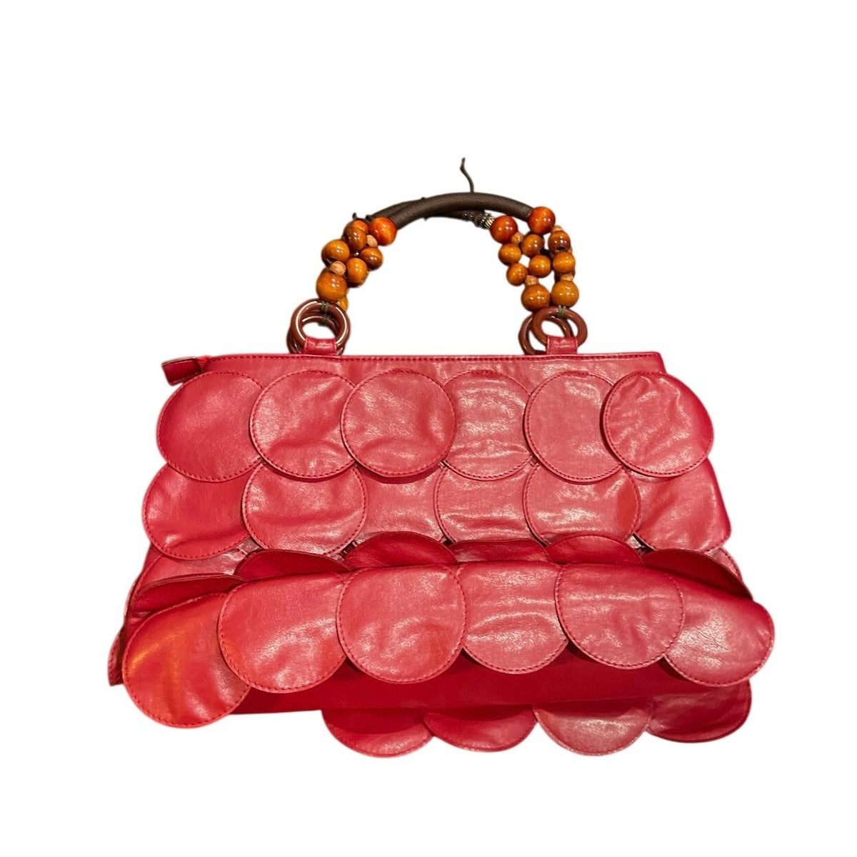 Stylish Red Faux Leather Vinyl Handbag Wooden Beaded Handle Boho Indie Arsty