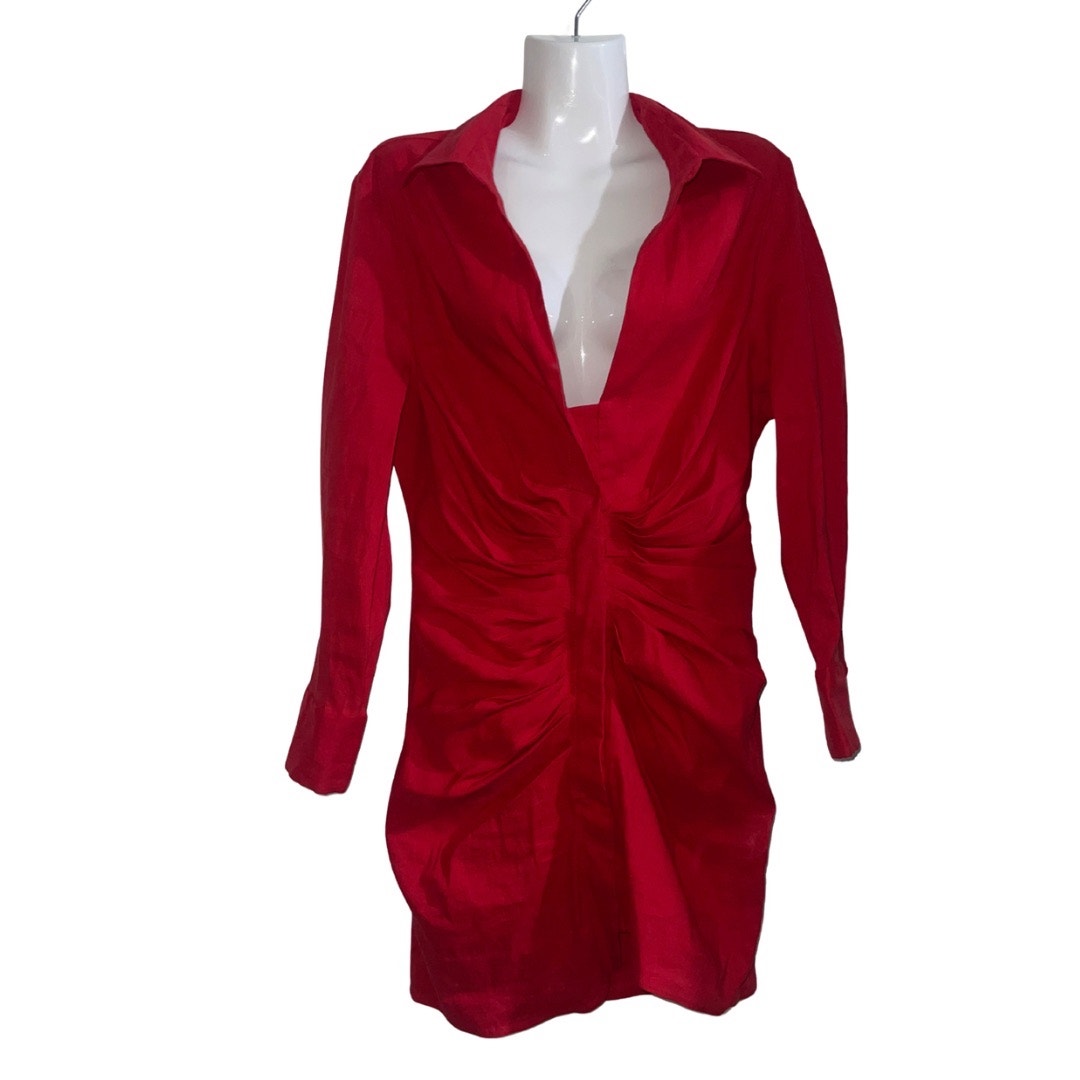 Zara Red Draped Mini Dress Collar Long Sleeves Front Ruched Date Night Dinner