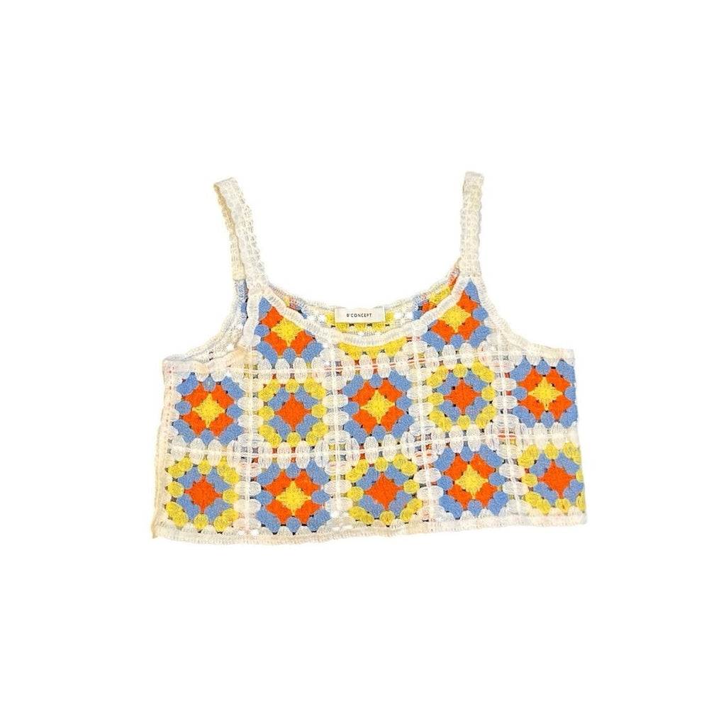 8'Concept Bohemian Crochet Knit Granny Square Crop Tank Top SZ M Retro Festival