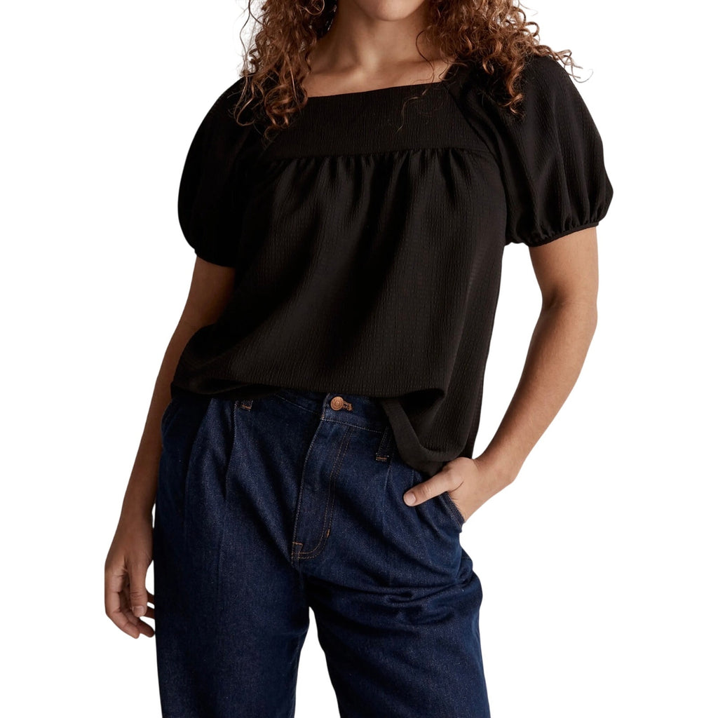 Madewell Seersucker Top Puff Sleeves Tie Back Size XL Flattering Flirty Flowy