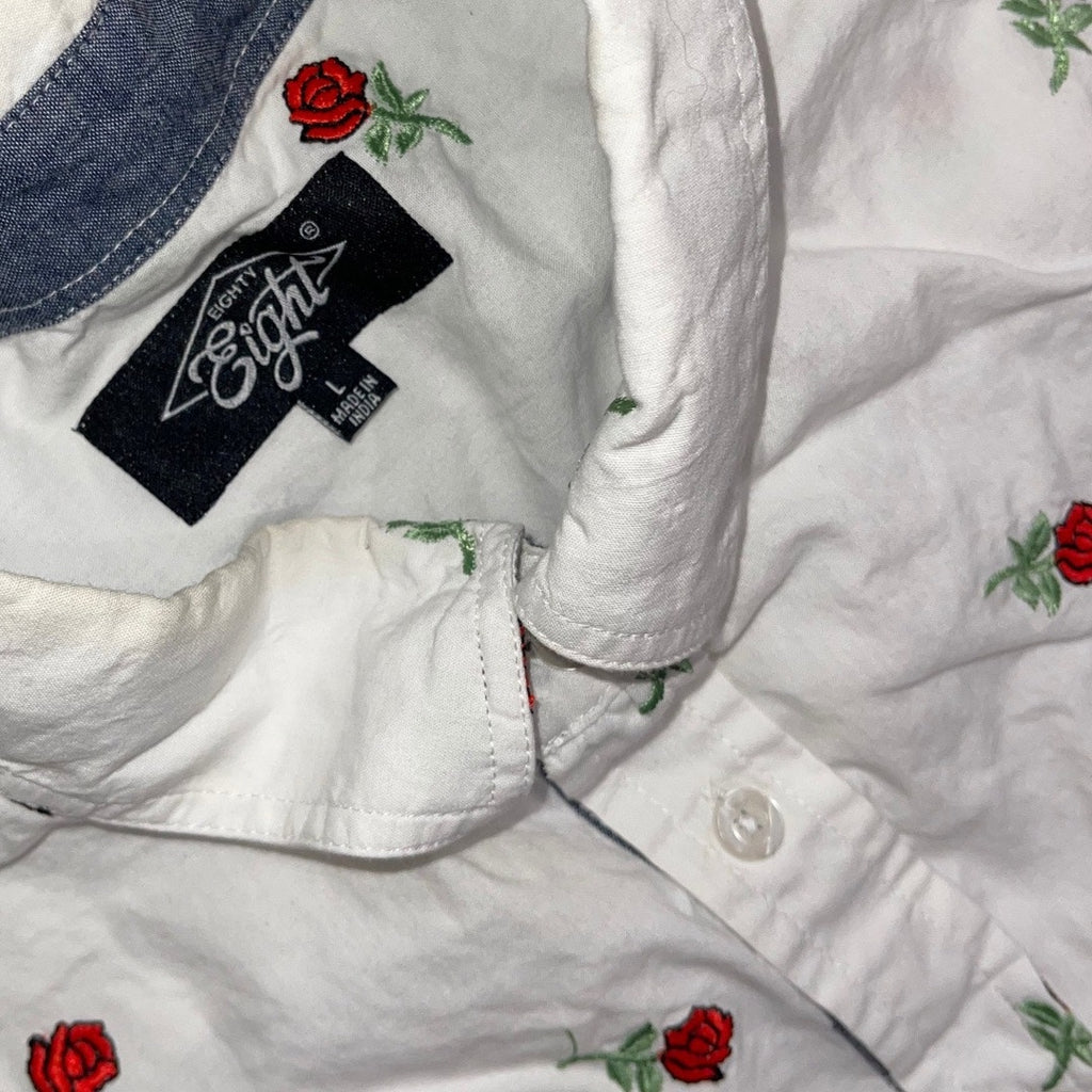 Eighty Eight Men's Rose Embroidery Design Button up Collar Short Sleeve Size L