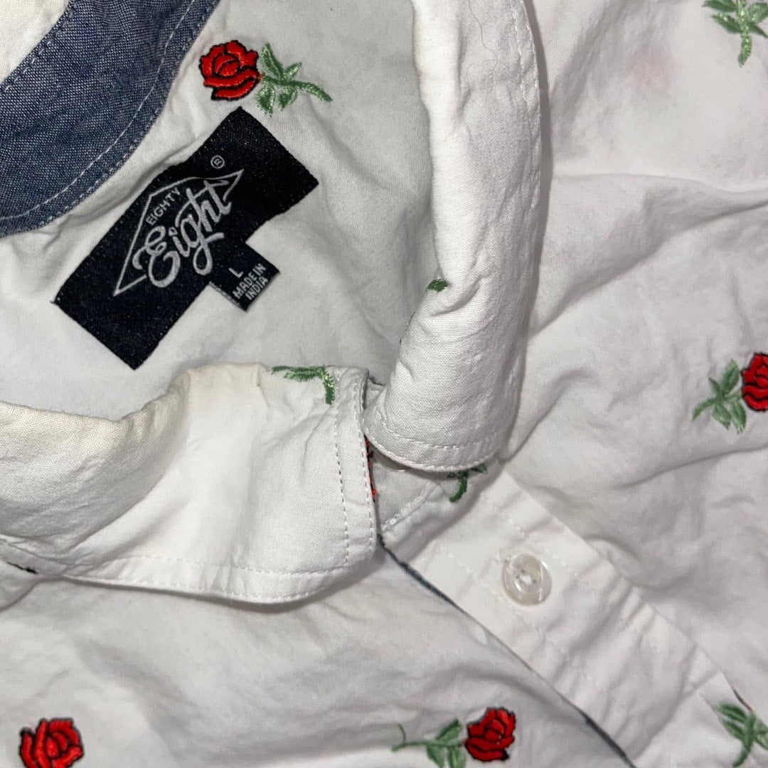 Eighty Eight Men's Rose Embroidery Design Button up Collar Short Sleeve Size L