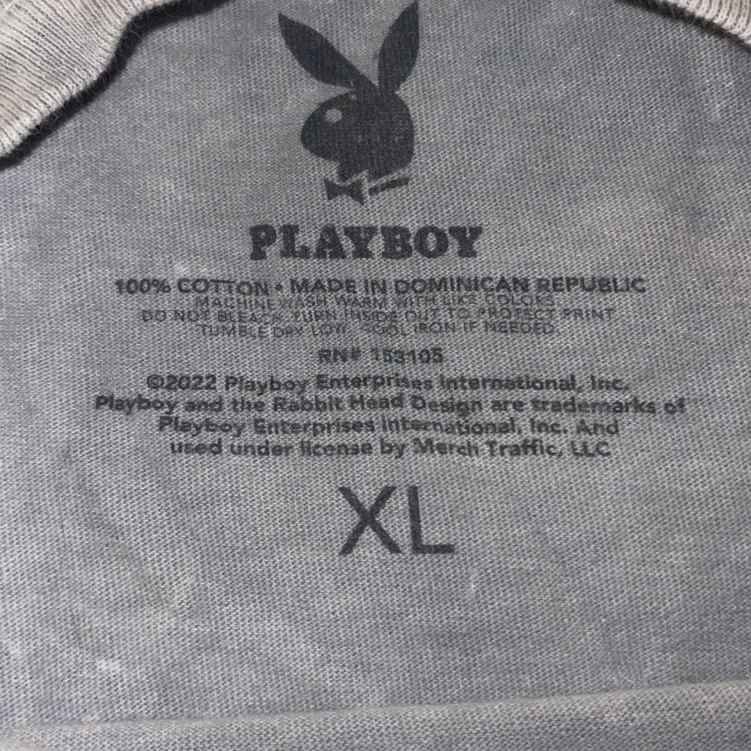 Playboy Bunny Unisex Distressed 100% Cotton T-Shirt Gray Pink Graphic Size XL