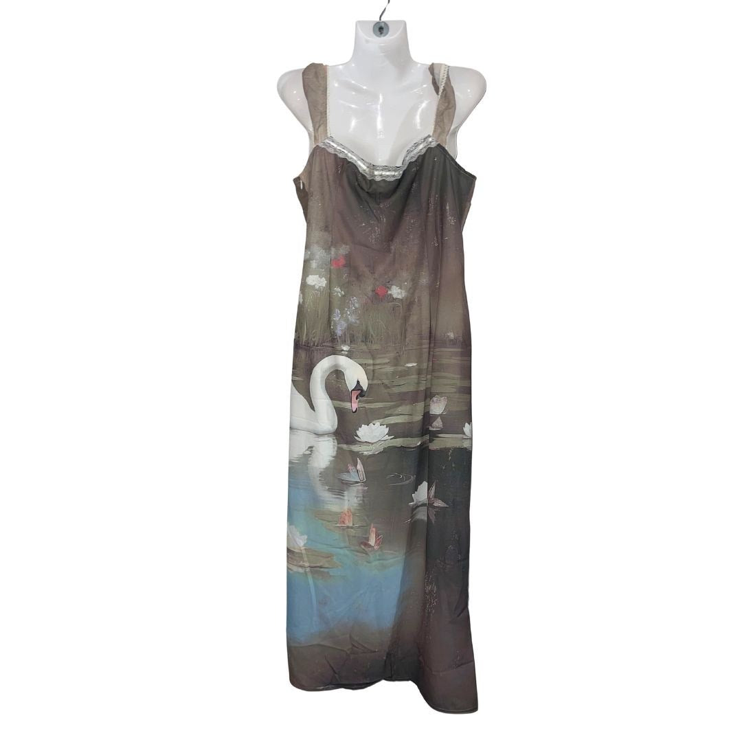 Swan Print Evening Slip Dress Floral Lace Trim Size Large Romantic Enchanting