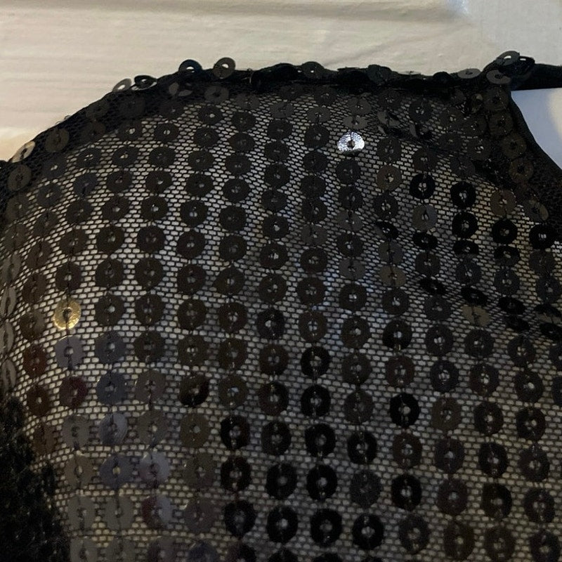 H&M Black Oversized Sequined Semi Sheer Top SZ S Side Slits Relaxed Boxy Fit