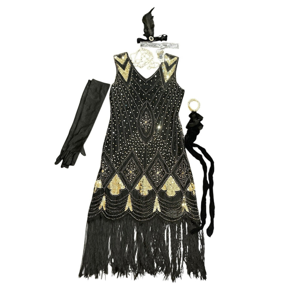 Roaring 1920s Flapper Dress Halloween Costume Gold Sequin Fringe Dress M Gaptsy