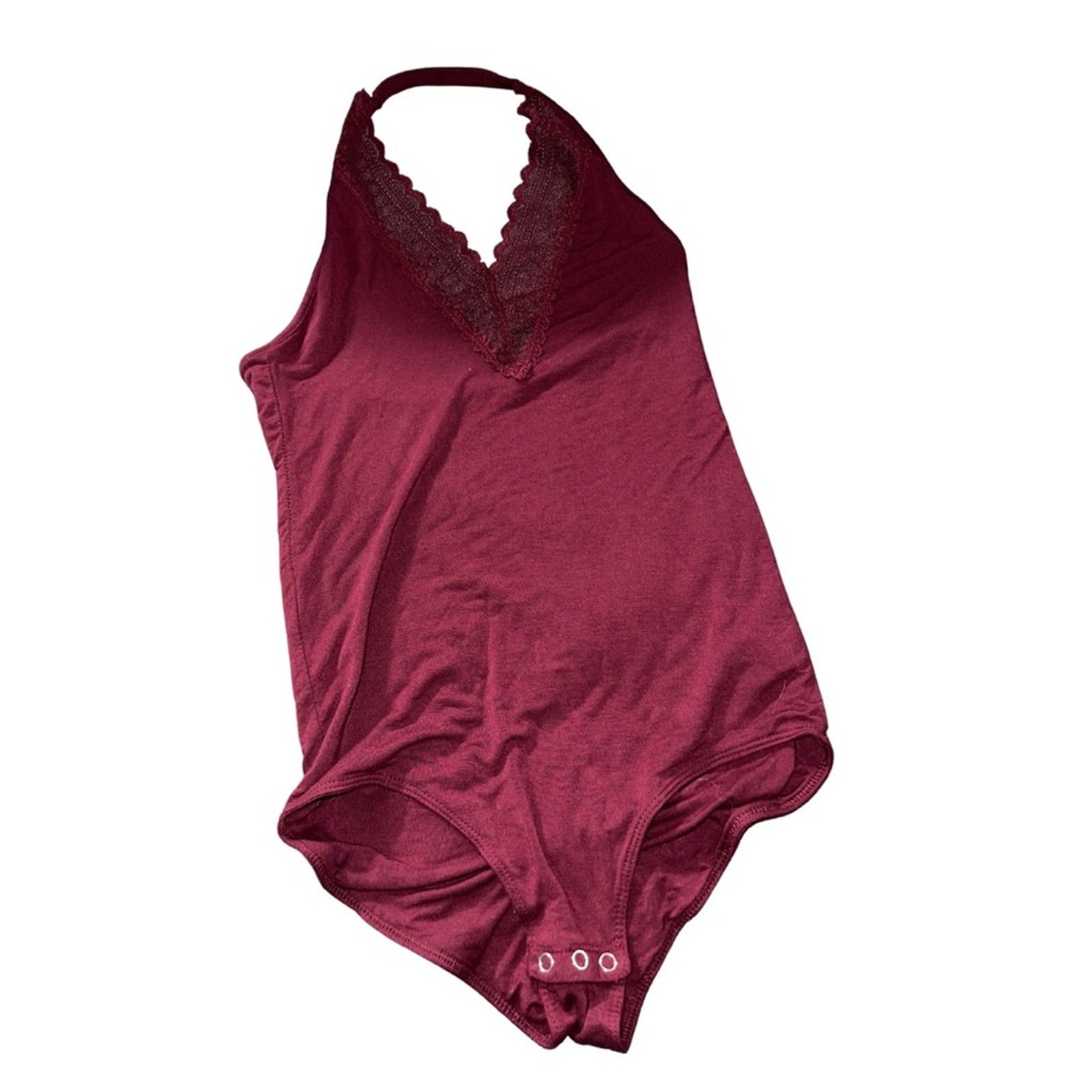 AEO American Eagle Outfitters Maroon V-Neck Lace Trim Halter bodysuit top Small