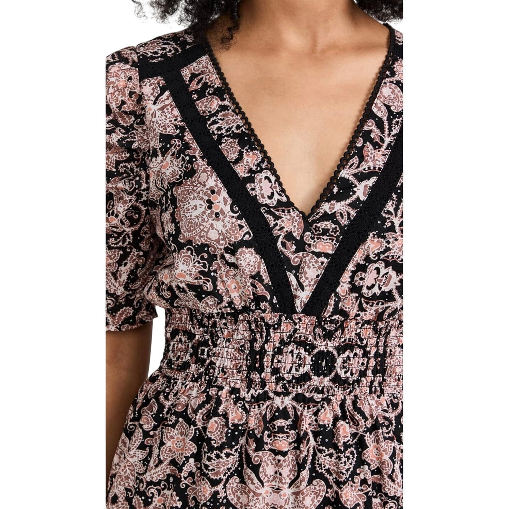 BB Dakota Steve Madden Boho Next Door Tiered Midi Dress Large Smoked Waist Lace