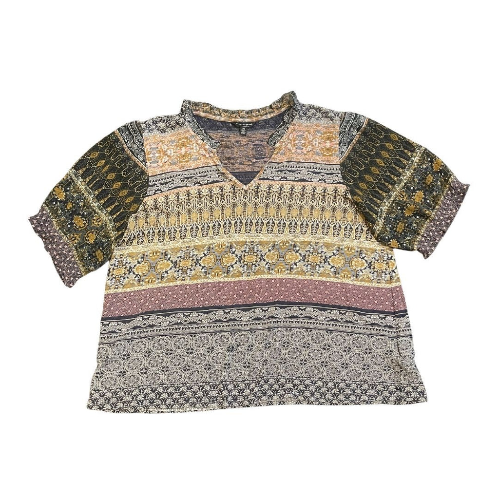 Lucky Brand Bohemian Mixed Media Blouse SZ Large Artsy Chic Teacher Casual Flaw
