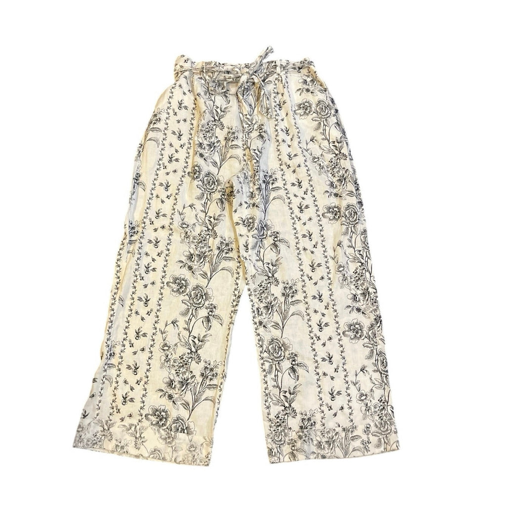 Joie Linen Wide Leg Floral Toile Button Tie Waist Pants XL Vacation Beach Casual