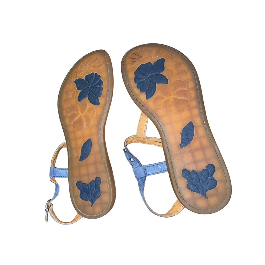 Born Adana Studded Thong T-Strap Leather Sandals Navy Blue Size 8 Summer Beach