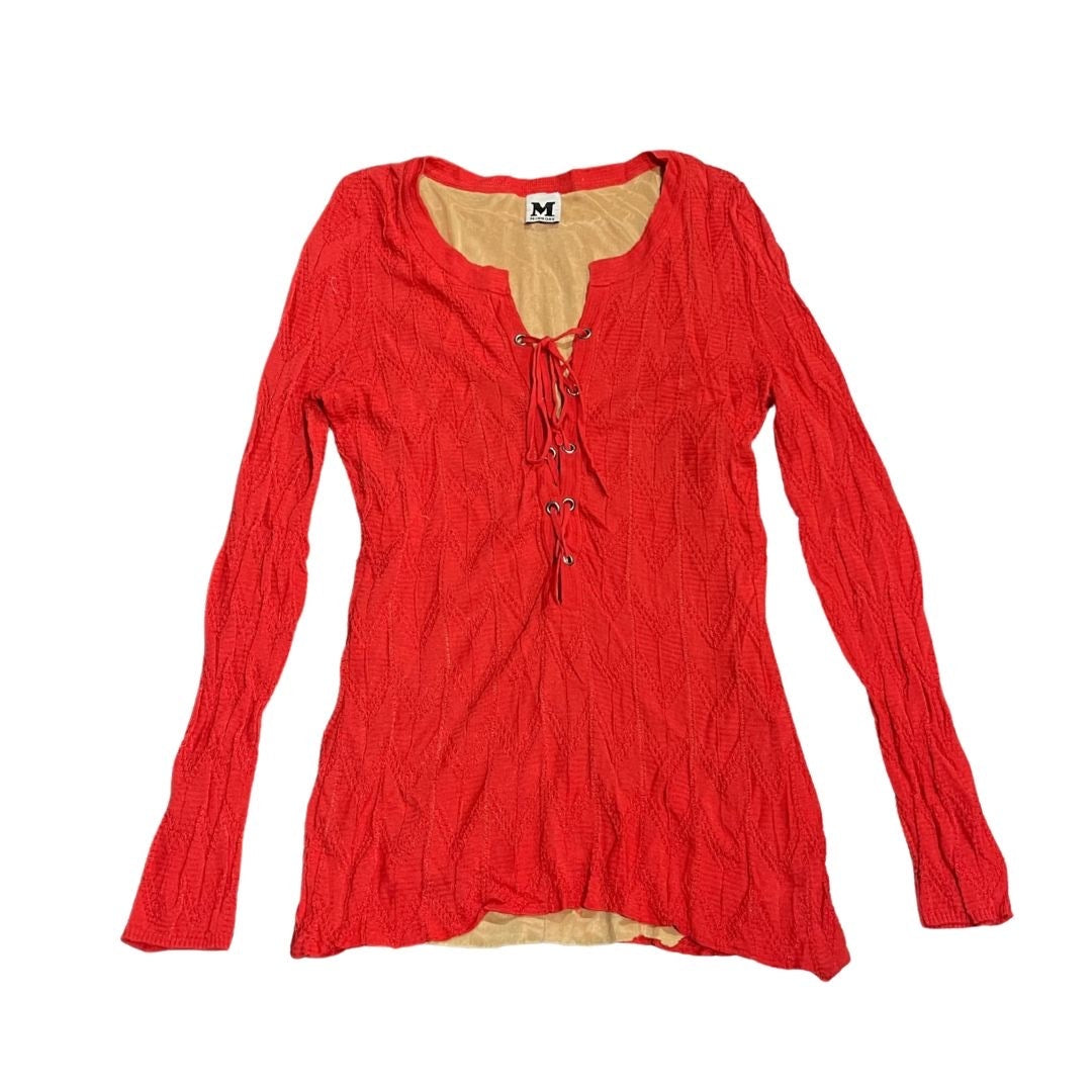 Missoni Long Sleeve Red Textured Knit Top Lace up Neckline SZ 42 L Quite Luxury
