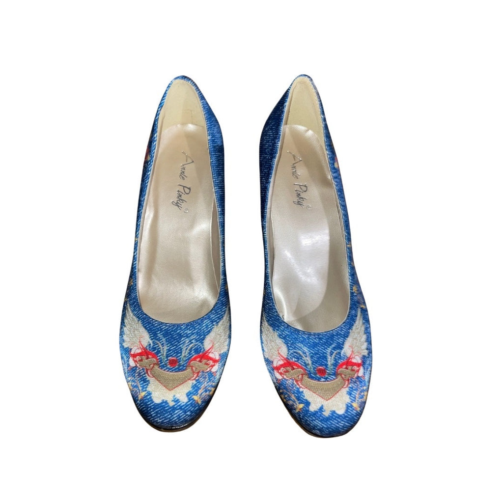 Annie Pinky Denim Floral Angel Wings High Heel Platform Stiletto Pump Size 6.5