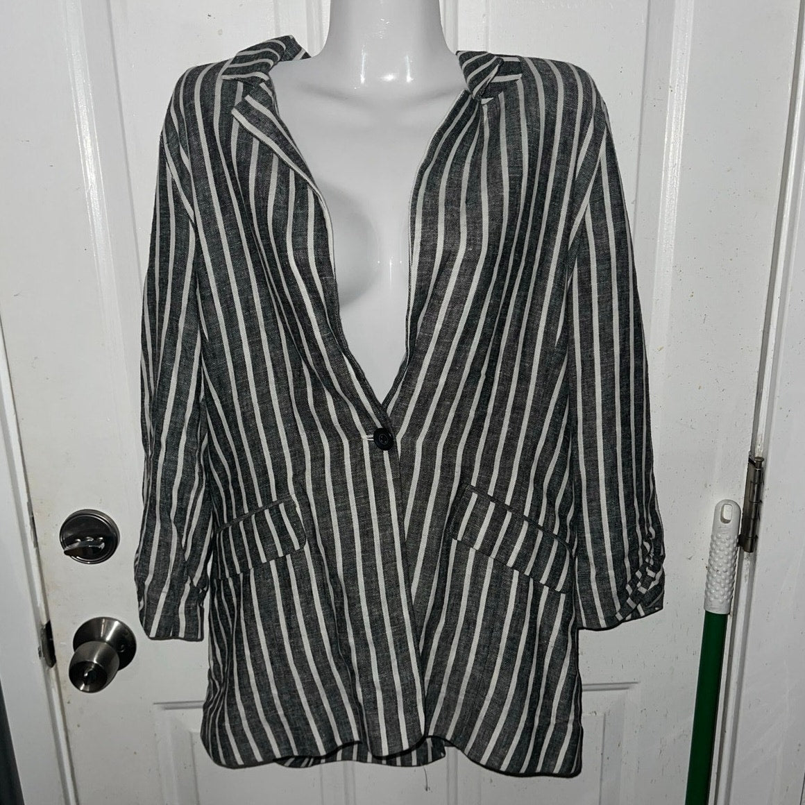 BP Women's Cinched 3/4 Sleeve Linen Blend Striped Blazer Classic Prep