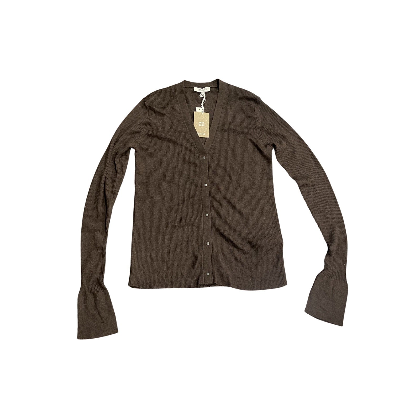 Madewell Merino Wool Silk Blend Brown Button Cardigan Sweater SZ M Slim Fit NWT