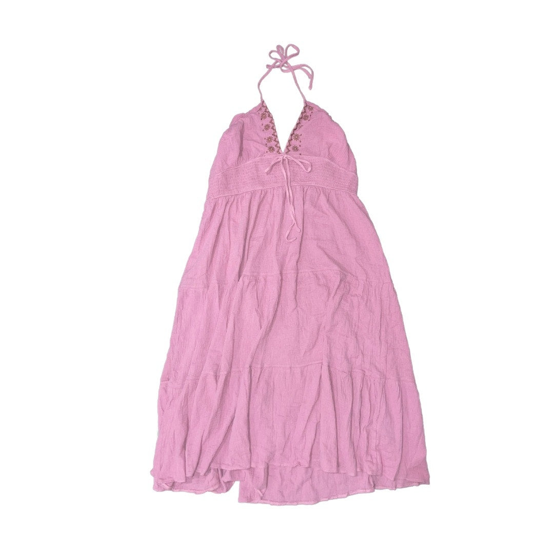 CIDER NWT HALTER SOLID KNOTTED SHIRRED EMBROIDERY RUFFLE TIERED MAXI DRESS CURVE & PLUS