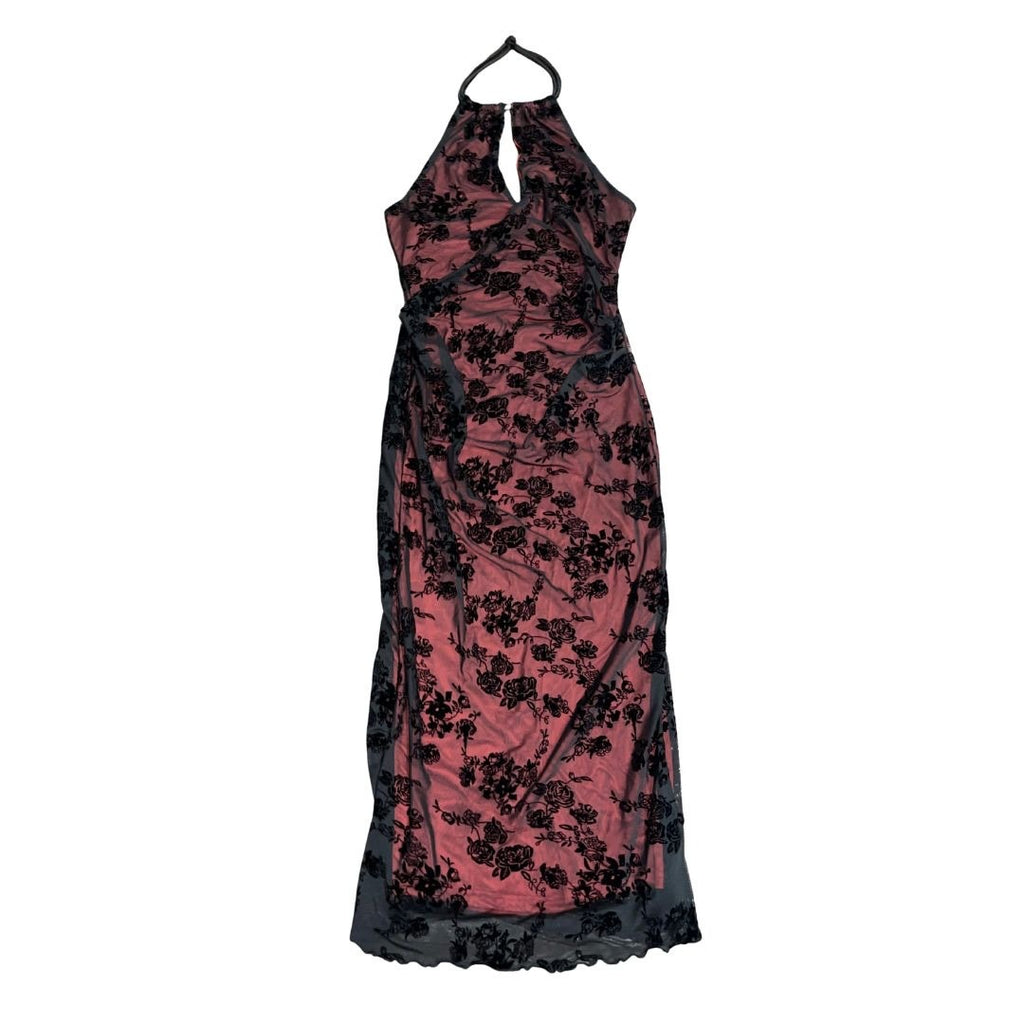 Shein Halter Style High Neck Gothic Lace Gown Dress Floral Overlay Crushed Velvet