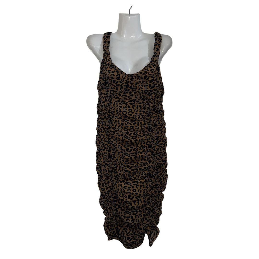 Express Leopard Print Mesh Midi Sheath Ruched Sleeveless Dress Size Large Party