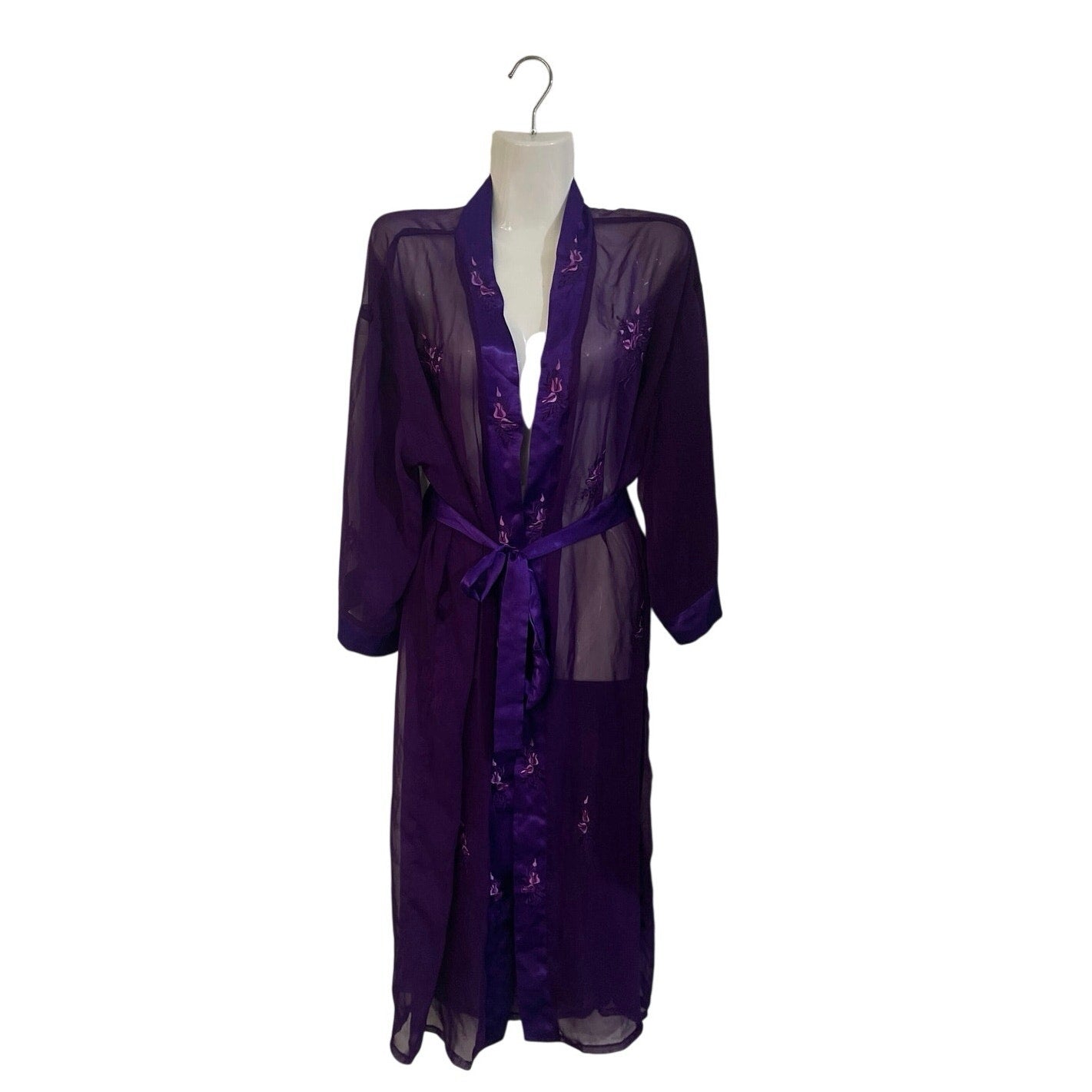 Vintage Purple Sheer Robe Embroidered Floral Lingerie Loungewear Intimates 90s