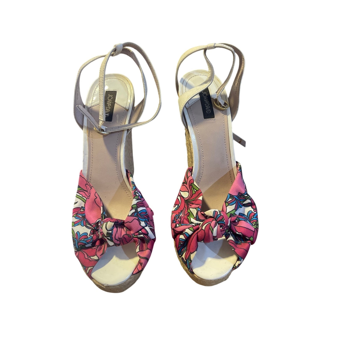 Joan & David Sharone Pink Floral Espadrille Wedge Platform Sandals SZ 7 Peep Toe