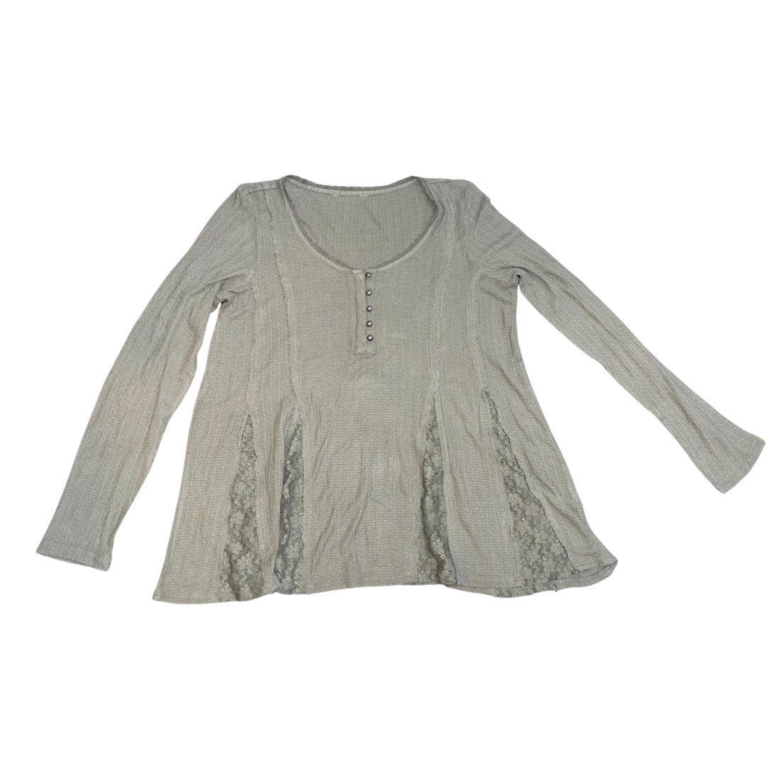 Lucky Brand Lace Godet Swing Henley Top Bohemian Western Olive Green