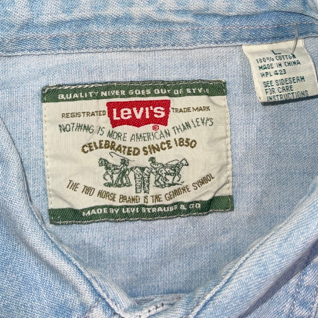 Vintage Levi's Mens Green Two Horse Brand Denim Button Shirt Size Large Western