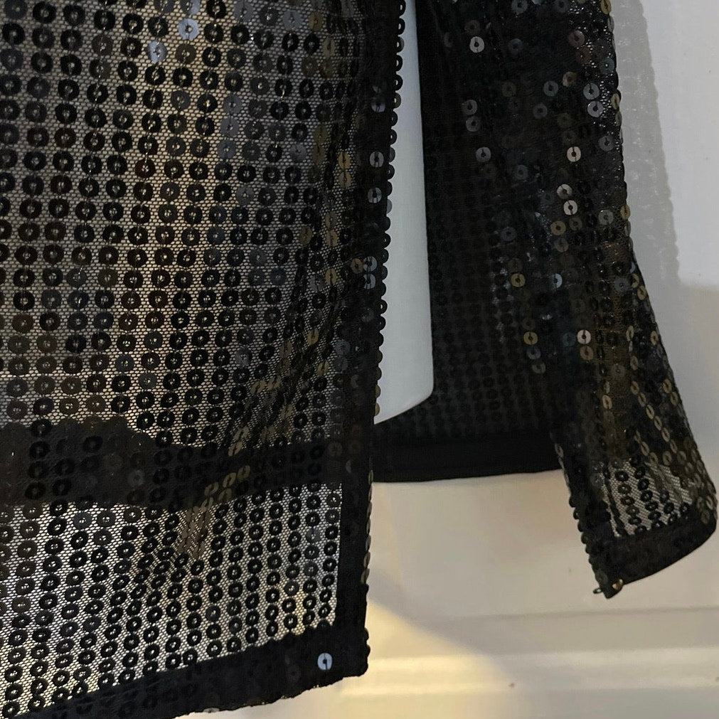 H&M Black Oversized Sequined Semi Sheer Top SZ S Side Slits Relaxed Boxy Fit
