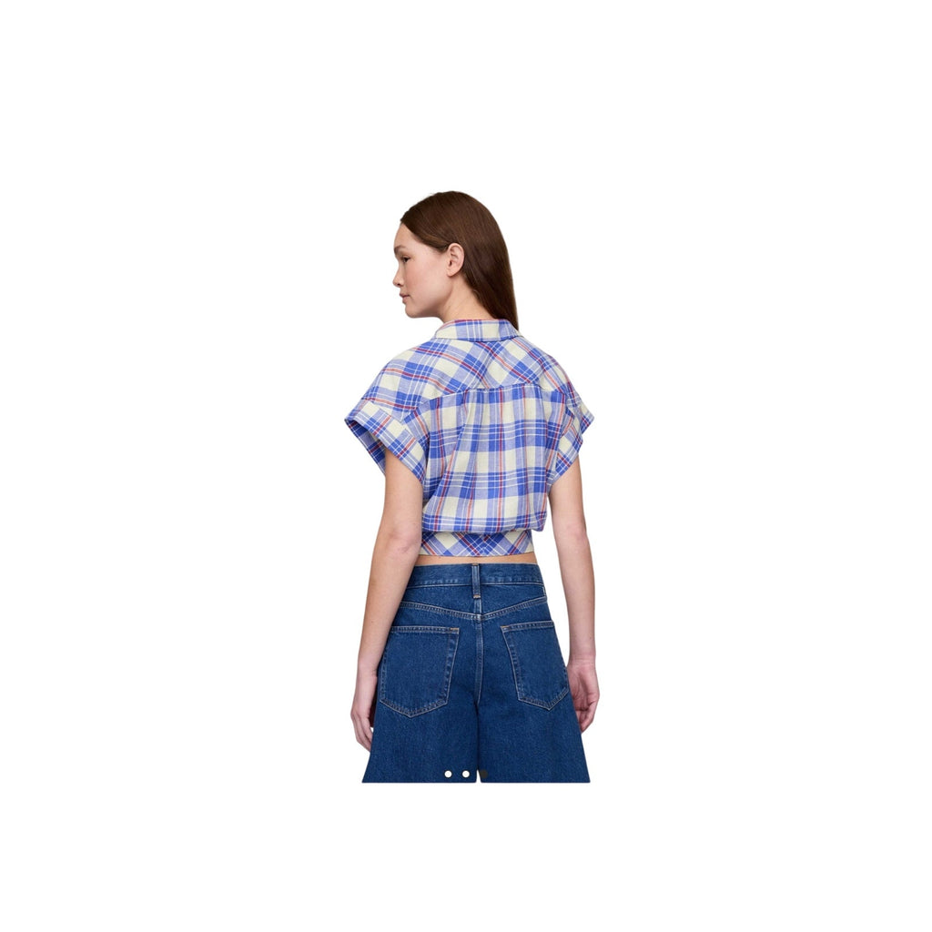 Gap Linen Blend Tie Front Cropped Boxy Fit Plaid Button up Shirt Size Large NWT