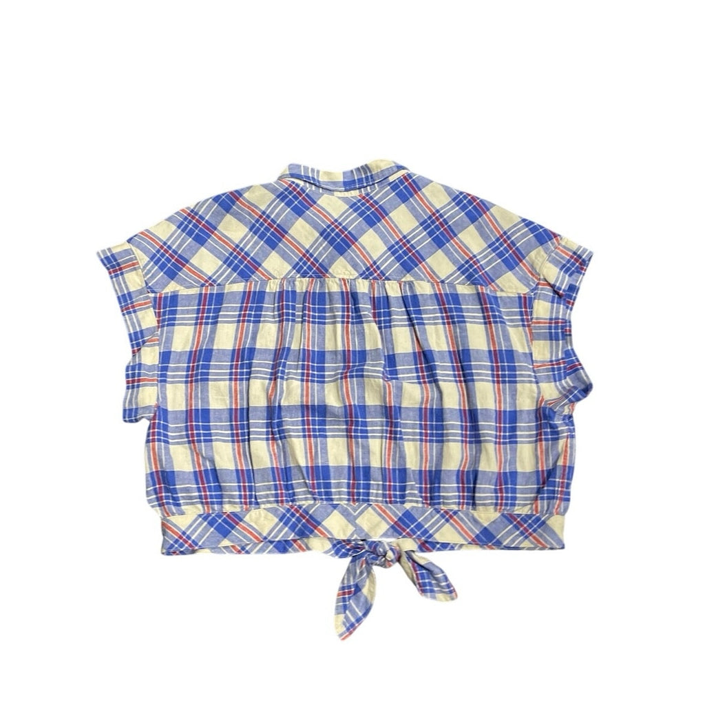 Gap Linen Blend Tie Front Cropped Boxy Fit Plaid Button up Shirt Size Large NWT