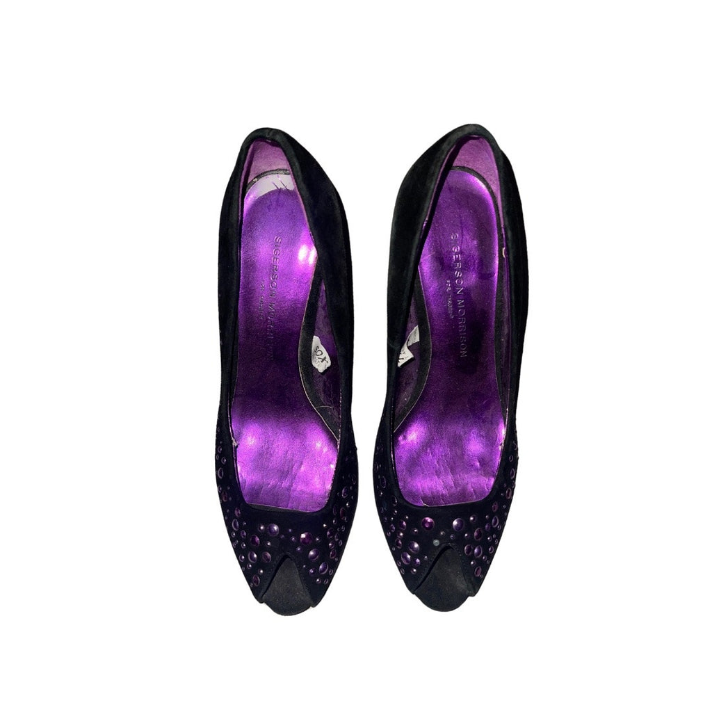 Sigerson Morrison for Target Heels Shoes suede like black purple sequin peep toe prom