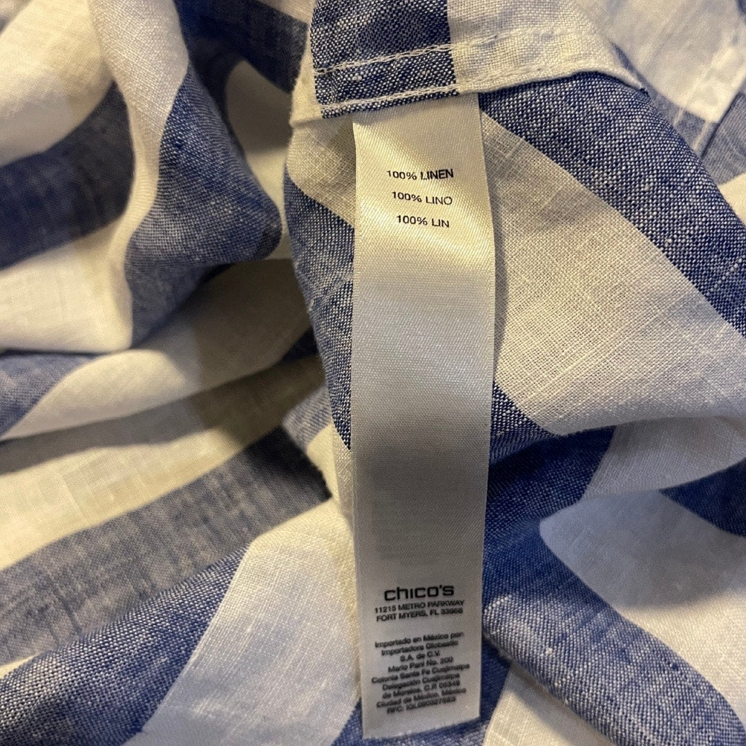 Chico's 100% Linen Women Button up Blue White Stripe 3/4 Sleeve Nautical Size XXL