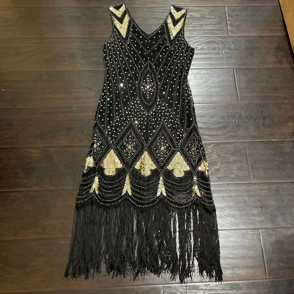 Roaring 1920s Flapper Dress Halloween Costume Gold Sequin Fringe Dress M Gaptsy