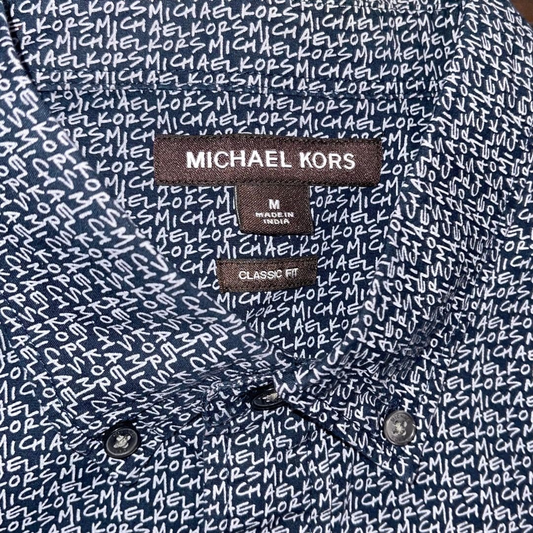 Michael Kors Logo Men's Classic Fit Collar Button Up Long Sleeve Shirt Blue Size Large