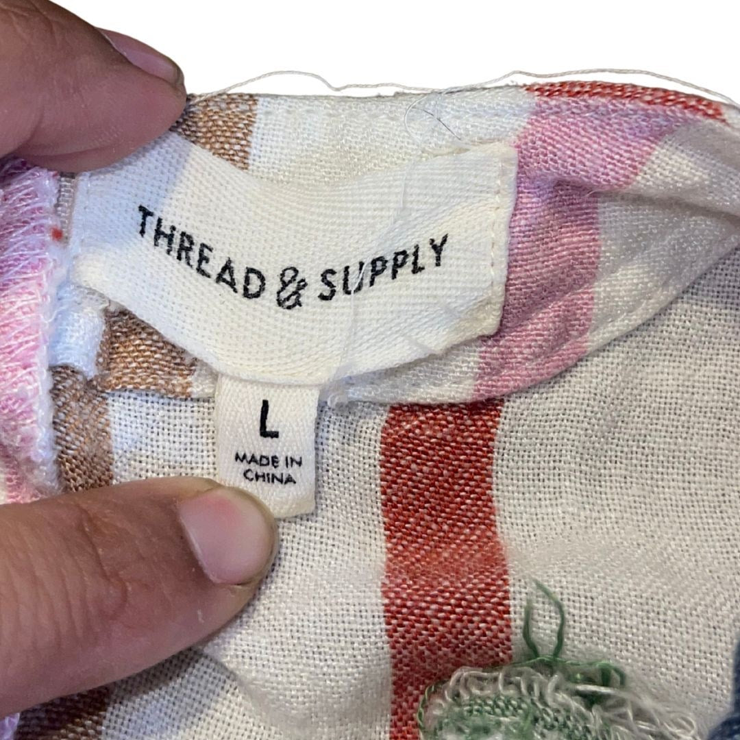 Thread & Supply Raw Trim Striped Blouse Linen Blend SZ Large Button Back Casual