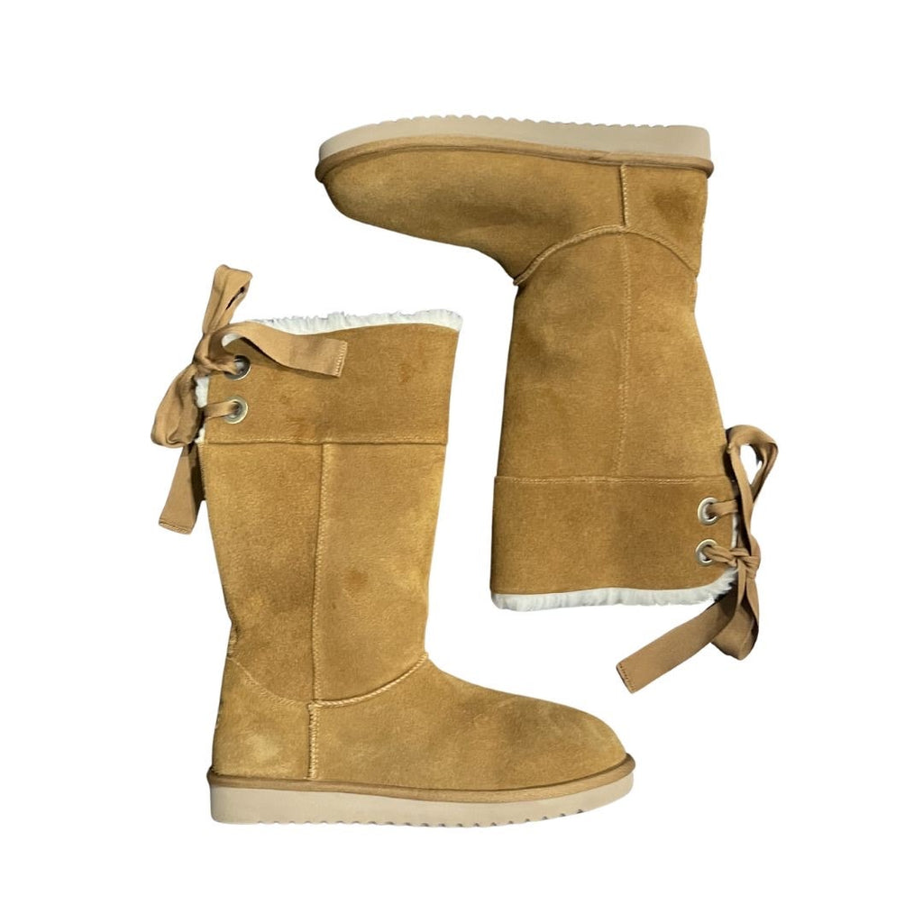 Koolaburra by UGG Andrah Tall Chestnut Suede Boots Lace up Size 10 Sheepfur NWOT