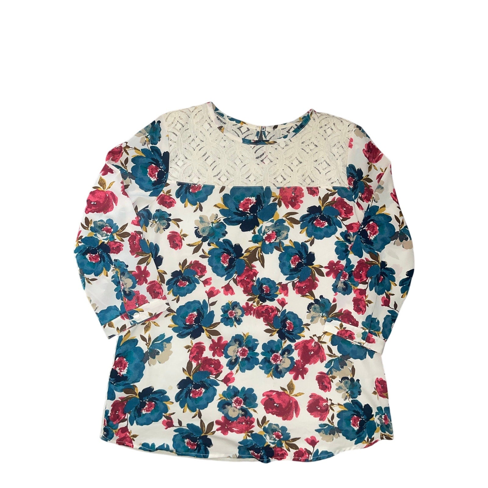 Van Heusen 3/4 Sleeve Lace flowered long-sleeved top blouse Size Medium Boho