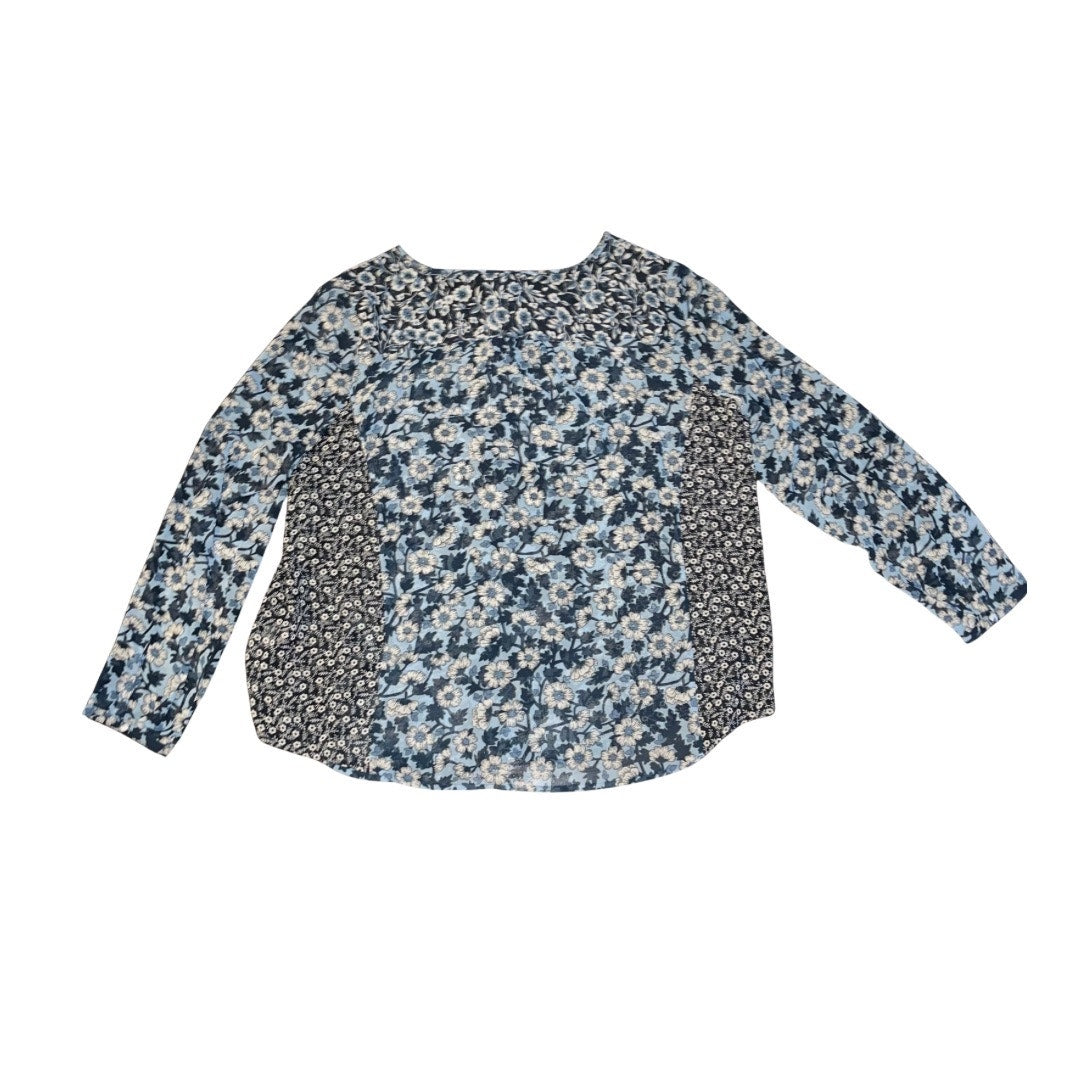 J Jill Blue Floral Blouse Long Sleeve Button Up Keyhole Tie Top Size Large