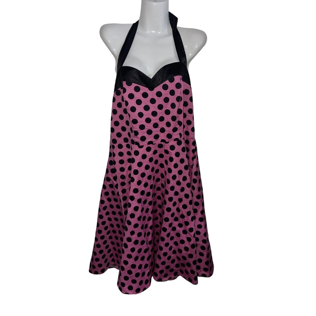 Dress Tells Rockabilly Halter Dress Pink & Black Polkadots Retro Pinup Swing