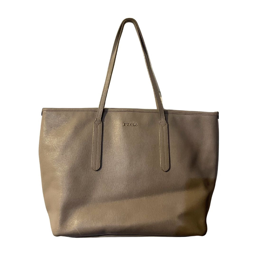 Furla Taupe Texture Leather Tote Shoulder Handbag Minimalist Classy Elegant Chic