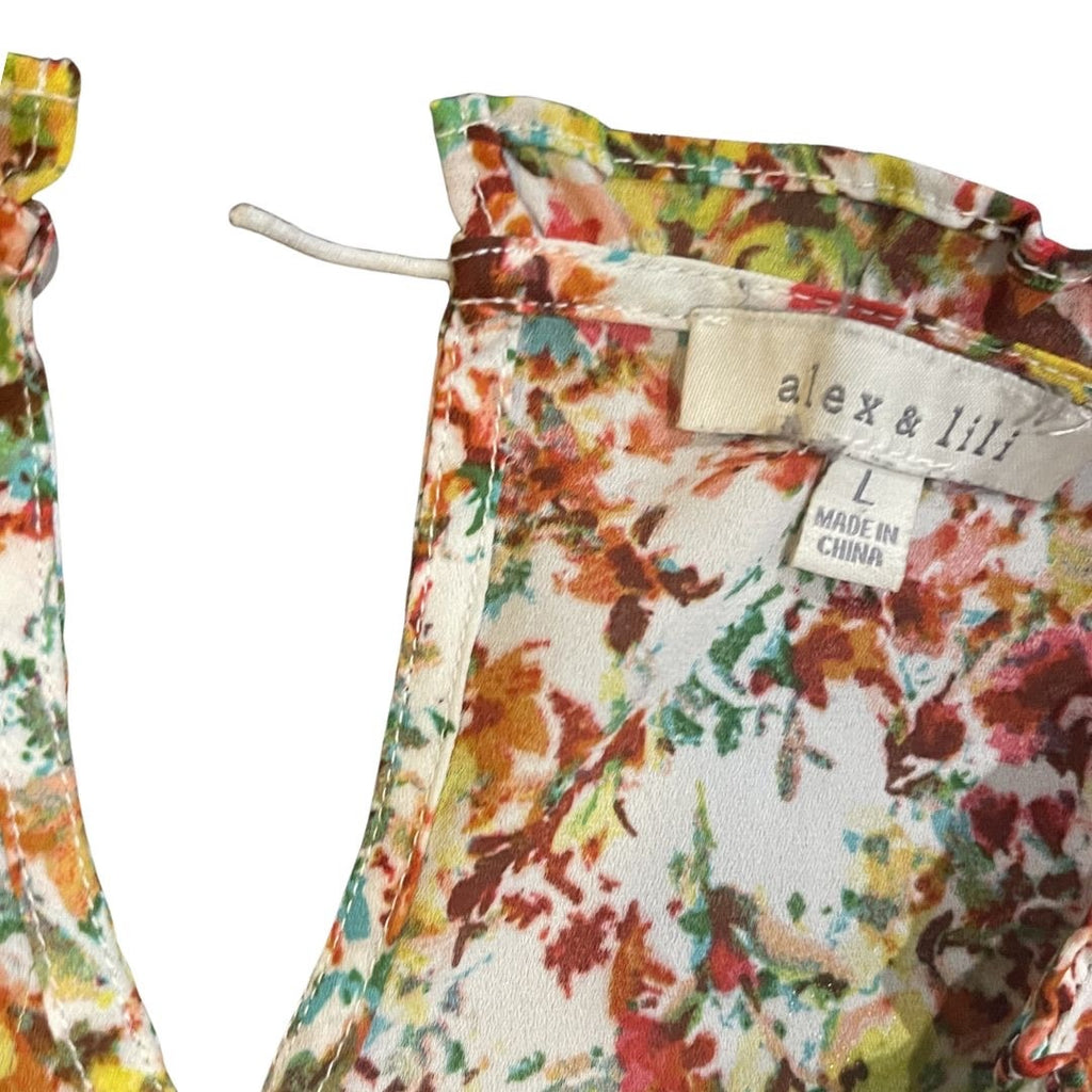 Alex & Lili Multicolor Floral Pintuck Ruffle Neck Blouse SZ Large Flowy Peasant