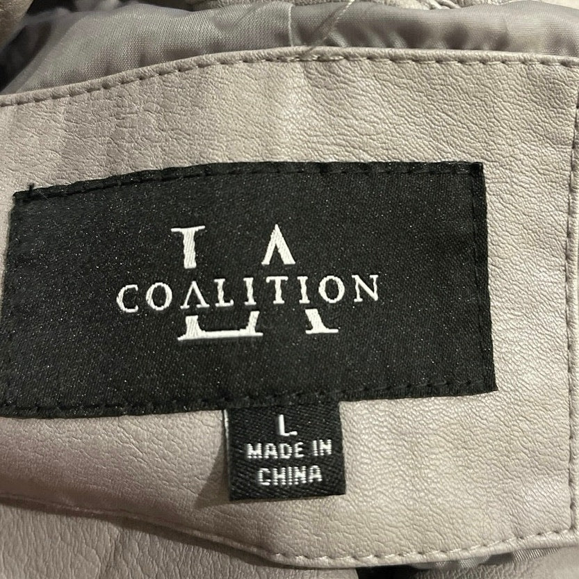 LA Coalition Gray Vegan Faux Leather Full Front Zip Moto Jacket SZ L Edgy Chic