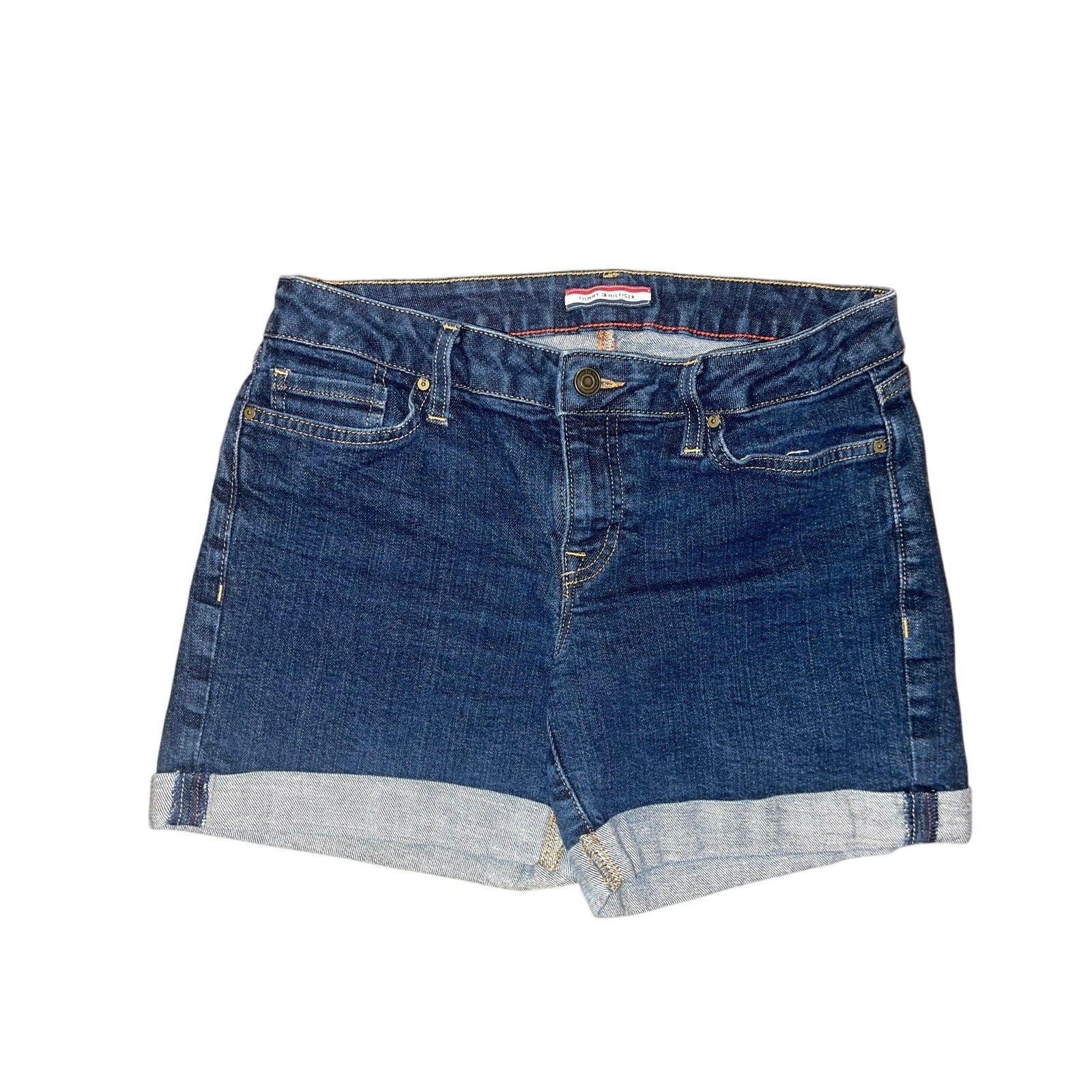 Tommy Hilfiger Mid Rise Denim Jean Shorts Size 4 Cuffed Hem Dark Blue Wash