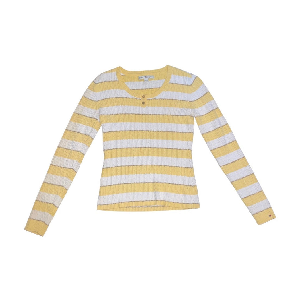 Tommy Hilfiger White Yellow Striped Sweater Top Size Medium Preppy Casual Y2K
